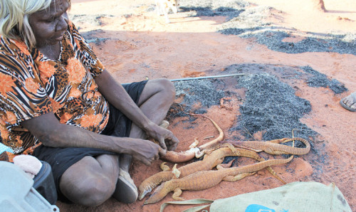 woman skinning lizards